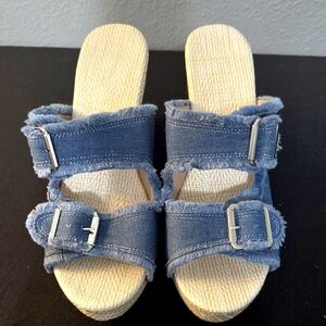 Blue Denim Slide Sandals with Buckles